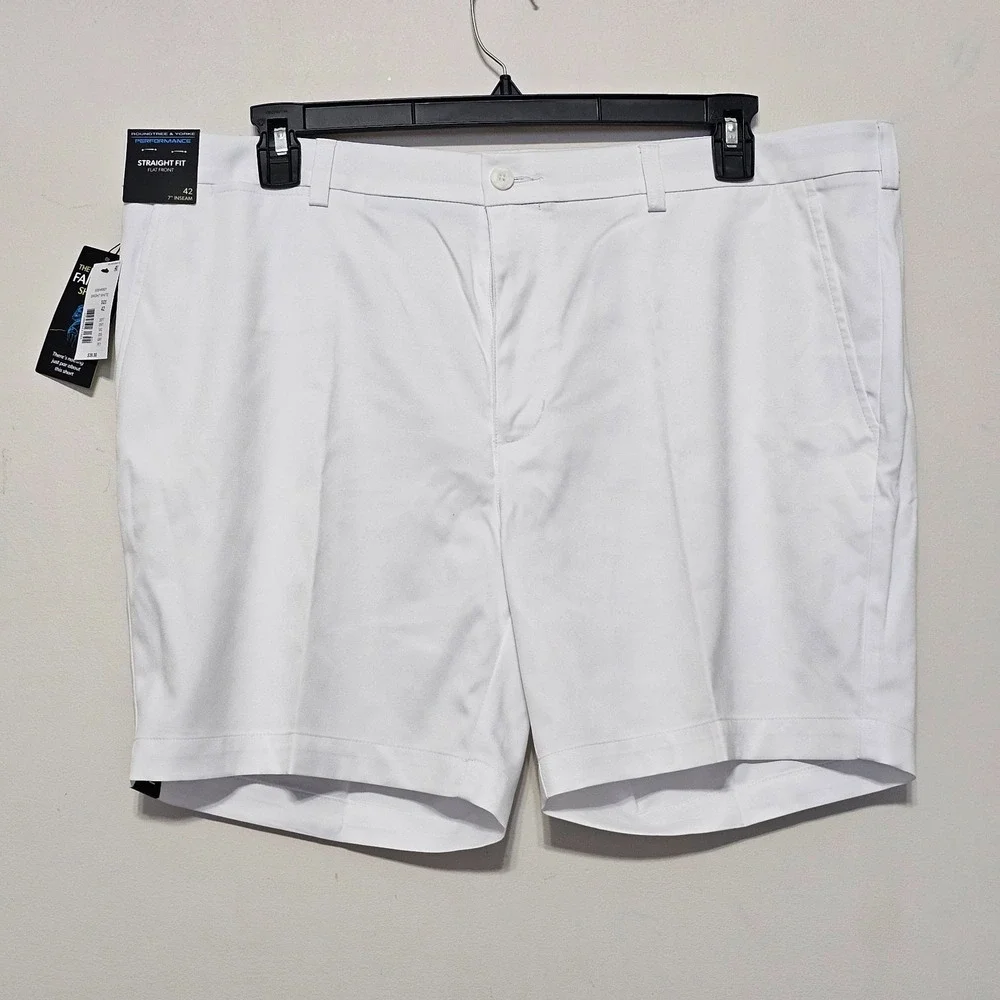 Men Shorts 42X7 White Straight Fit Flat Front Elastic Waistband Performance 1016